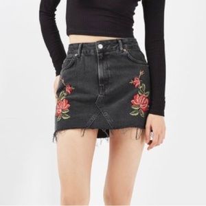 Topshop Moro Rose Embroidered Black Jean Skirt